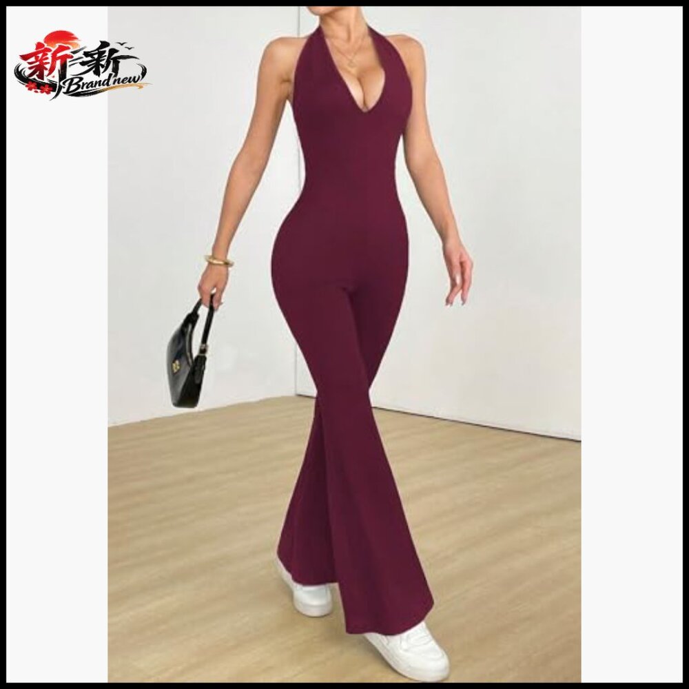 Polyester Elastane Halterneck Backless Flared Jum… - image 3